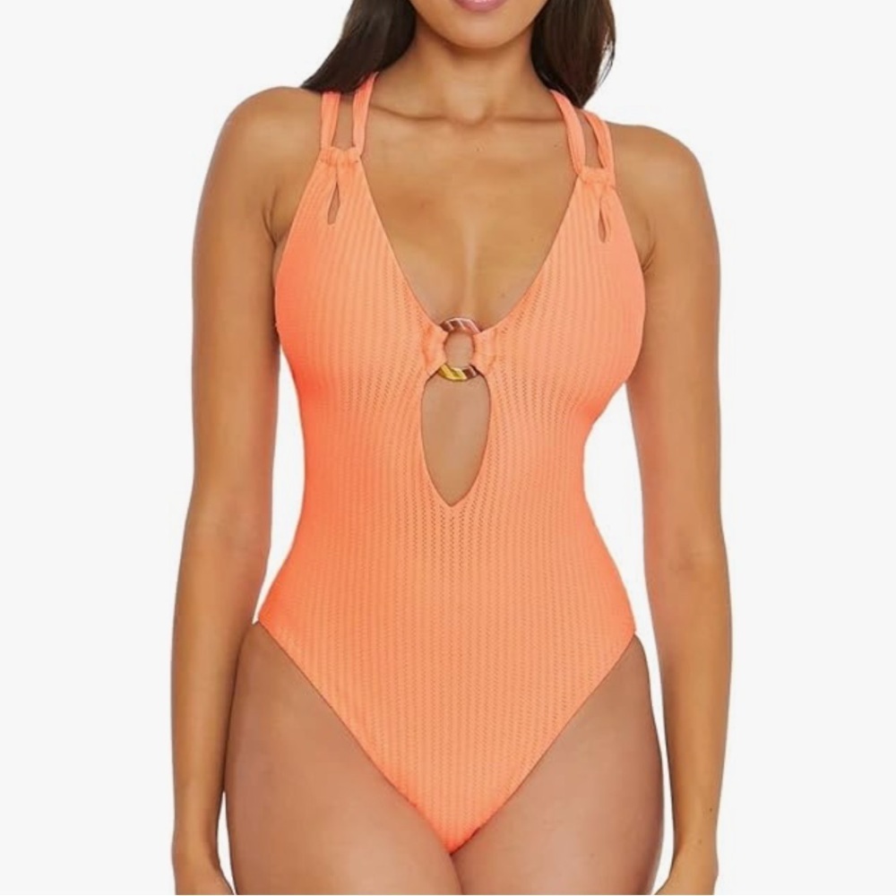 NWT BECCA Line in The Sand Lainey Textured Rib Plunge One-Piece Nectar LARGE - Picture 1 of 7